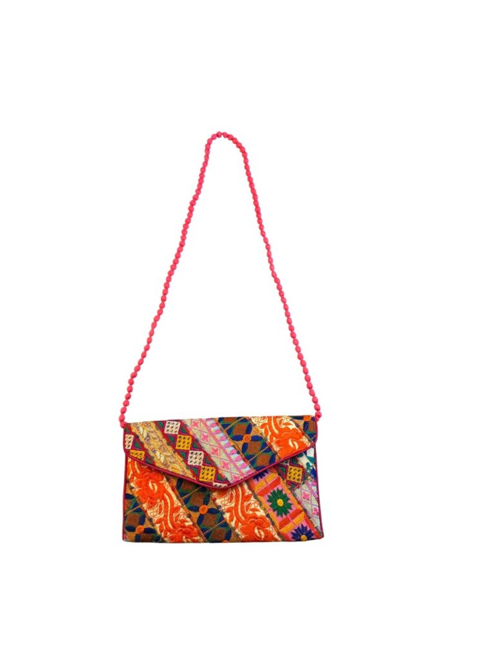 Colorful Embroidered Bohemian Crossbody Bag With Magnetic Closure Pom-Pom Strap